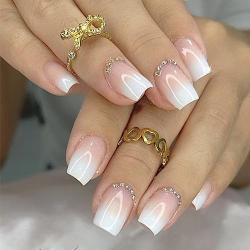 EONFAVE 24 Pcs White Press on Nails - Short Square Acrylic False Nails - French Full Cover With Glue for Women and Girls