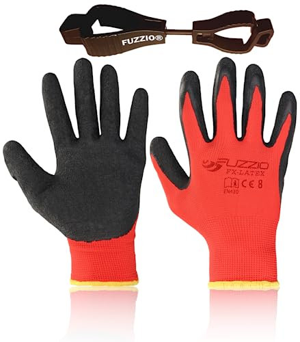 FUZZIO 24 pares de guantes de trabajo de látex para jardín, M-8, color rojo