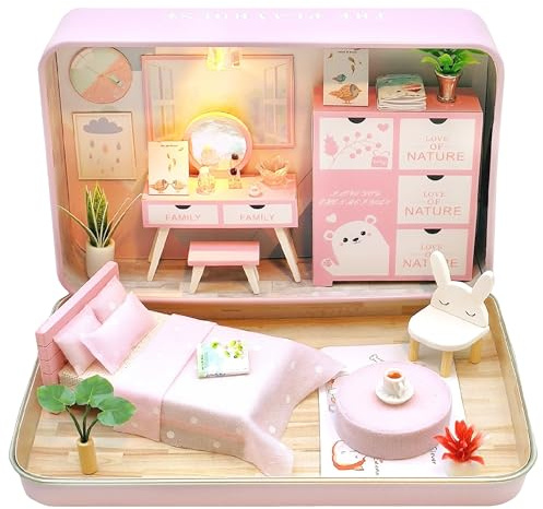 Crafts&Co® DIY Miniature Haus mit Möbeln | DIY Puppenhaus Erwachsene | Hölzernes Puppenhaus-Kit | Holz Mini Haus Modell mit Licht | 1:18 | Rosa Schlafzimmer