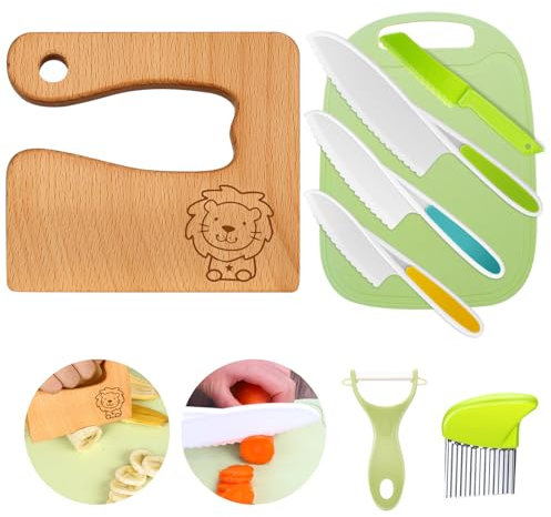 Goodchef Kindermesser 8-teiligs, Sicherheits Küchenmesser Set für Kinder ab 2 Jahren, Montessori Spielzeug, Kinder Küchenutensilien für Lernen & Spielen，geeignet zum Schenken (Lion Holzmesser)