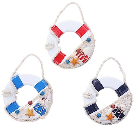 Zerodeko Kleiner Rettungsring Deko 3 Stück aus Holz Mediterraner Stil 13 X 13cm Hängedeko für Tür Rot Dunkelblau Hellblau Wandornament für Zuhause Büro Geschäft Hotel