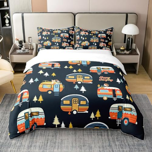 Cartoon Camper 100% Bio-Baumwolle Bettbezug 200x200,Glückliche Camping Tröster Abdeckung für Mann Frau, Dschungel Baum Bettwäsche Set, Natürliche Wilde Floral Pflanze Bettbezug