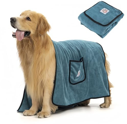 heavenlife Badehandtuch für Hunde, Handtücher Schnelltrocknend Groß Hund 130X70cm, Hundehandtuch Mikrofaser 400gsm Extra Weich, Handtuch Extra Saugfähig Mit Taschen für Haustier (Grün)