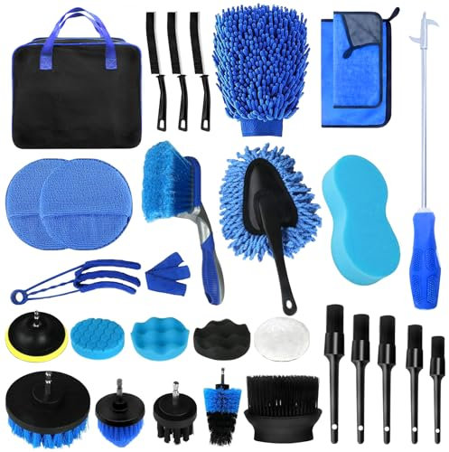 HOVIBU Kit Pulizia Auto, 30 Pezzi Set di Lavaggio Auto per Interni ed Esterni, Set di Pulizia per Auto con Spazzola, Spugne lucidanti, Panni in Microfibra, Pratica Borsa per Il Trasporto Inclusa