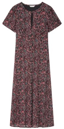 SPRINGFIELD Robe midi avec Manches Ballon, col Rond avec Ouverture et Petits Boutons doublés dans Le même Tissu, décolleté imprimé pour Femme, Noir Standard, X-Small