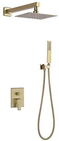 Duschsystem aus gebürstetem Gold, wandmontiertes Duscharmaturen-Set, 8-Zoll-Regenduschkopf und Handbrause-Kombinationsset, luxuriöses Badezimmer-Duschmischer-Set aus Messing