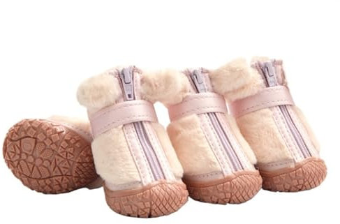Hundeschuhe,Pfotenschutz Hund 4 Teile/Satz Fleece Hund Stiefel Winter Anti-Slip Gummi Sohle Welpen Schuhe Hund Schnee Stiefel Pfoten Protektoren for Outdoor(Pink,3)