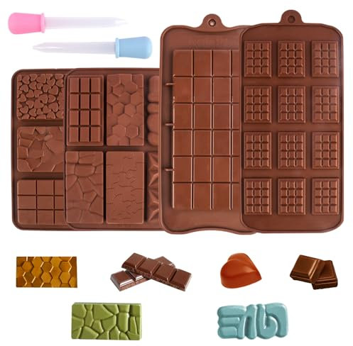 4 Pcs Chocolate Moulds Silicone,Shallow Chocolate Mold with 2 Droppers,Non-Stick Reusable DIY Baking Molds Suitable for Candy Protein & Energy Bar, Heart-shaped and Checkered Chocolate, Waffles, Jelly