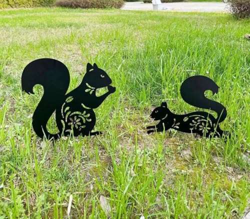 QBMYCN Eichhörnchen-Gartenstecker aus Metall,2er-Pack Schwarze Eichhörnchen-Silhouette Statue,für Hof Garten, Rasen, Outdoor-Dekoration. Geschenk für Eichhörnchenliebhaber.