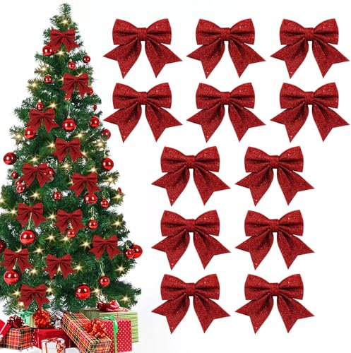 Camiki Art Weihnachtsbaum Deko, 12 Stück Rote Schleifen Weihnachten, Schleifen Weihnachtsbaumschmuck, Weihnachtsschleifen für Christbaumschmuck Weihnachtsdeko Weihnachten Adventskranz Deko