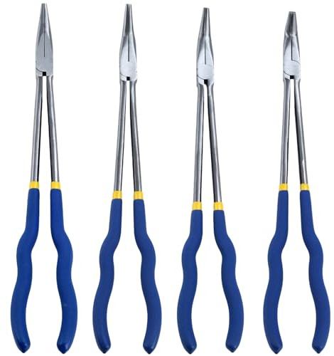 16-Inch Long Reach Pliers Set - Multi-purpose Straight & Bent Nose Pliers (4PCS)