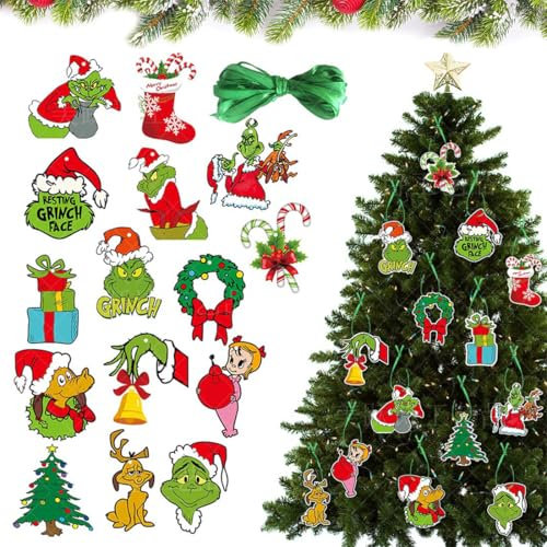 LYQNIHOB 20 pcs decorazioni natalizie, Decorazioni per albero di Natale Decorazioni, con cordoncino, per albero di Natale Cartoon Film verde Ciondolo Ornamento Albero di Natale Decorazione