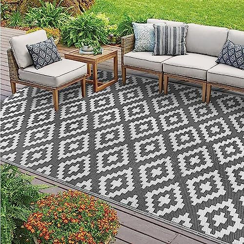 Outdoor-Teppich, 1,2 x 1,8 m, wendbar, wasserdicht, schmutzabweisend, leicht zu reinigen, ideal für Garten, Balkon, Deck, Strand, Picknicks und Camping, Grau und Weiß