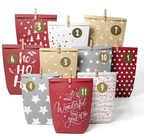 Adventskalender zum Befüllen, 24 Adventstüten zum Basteln, Weihnachtskalender zum Selbstbefüllen, Bedruckt Weihnachtstüten mit Zahlenaufkleber zum selber befuellbar (Rot)