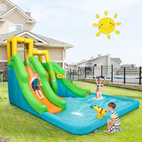 COSTWAY Casa Inflable de Rebote, Parque de Tobogán de Agua con Dos Toboganes, Pared de Escalada, Aro de Baloncesto, Piscina de Salpicaduras, Kit de Reparación, Estacas, Manguera (sin inflador)