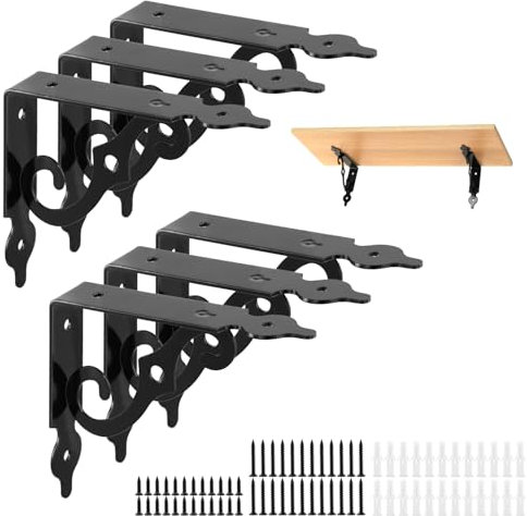 QWORK® 6 Stück L-förmige Wandhalterungen, 14x11cm Schwebende Regalstütze, Schwarze Regalhalterung aus Metall mit Schrauben, Regalhalter