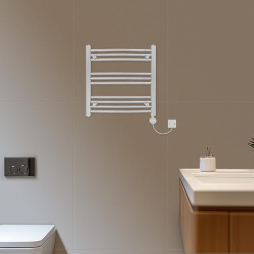 NRG 600x600mm Prefilled Electric Thermostatic Heated Towel Rail Curved Bathroom Warmer with Touch Screen Display Wall Mounted Chrome 400W