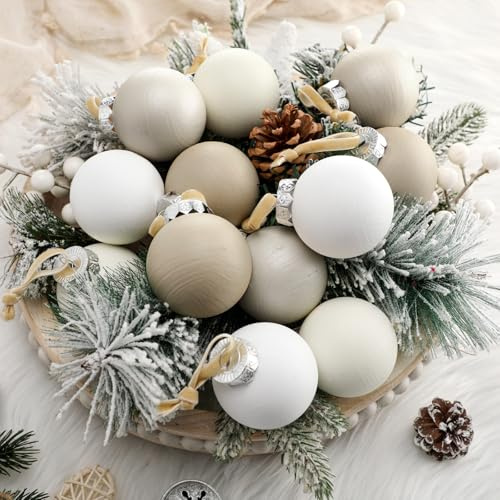 Suilung 12 Pcs Neutral Textured Christmas Ball Ornaments 2.4 Inch Rustic Matte Cream Ivory White Taupe Xmas Baubles Antique Farmhouse Xmas Tree Decorations Modern Christmas Home Decor for Tree Holiday