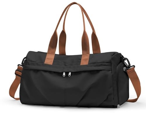 HYC00 Sport Duffel Bag Damen Sporttasche mit Schuhfach Reisetasche Damen Weekender Travel Bag Handgepäck Tasche Fitnesstasche Schwimmtasche Trainingstasche Übernachtungstasche,Schwarz mit Braun