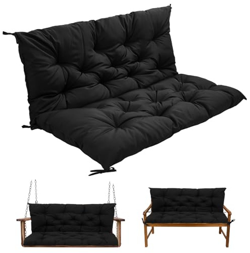 Warmiehomy 2/3 Seater Patio Swing Cushion with Backrest, Waterproof Garden Bench Cushion with Back, 120x100x8cm Comfortable Outdoor Bench Seat Cushion with Non-Slip Straps for Canopy Furniture, Black