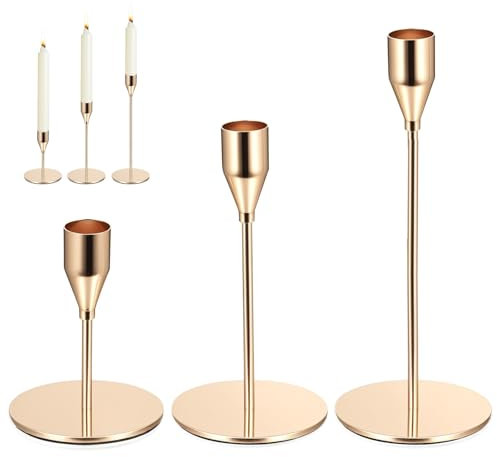 3 Pcs Bougeoir Doré, Chandelier Bougeoirs Coniques 10,2/15.3/20,5 cm, Porte-Bougie Conique Métal Rétro pour Maison, Mariage, Saint Valentin, Fêtes, Décoration de Table (Doré)