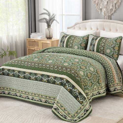 Yiran Quilts Queen Size, Spring Summer Olive Green Bedspreads Bedding Set, Lightweight Boho Vintage Bohemia Coverlet Set with 2 Shams for Bed 96x90 Inch