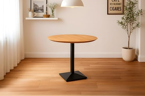 SAM Bistrotisch Brasilia | 90 x 90 cm rund | Akazienholz massiv | Farbe: Natur | Schweizer Kante | Säulenfuß Metall Schwarz | pflegeleichter Küchentisch/Kleiner Esstisch/runder Säulentisch