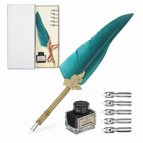 PATIKIL Federkiel Schreibset 1 Set Vintage Federkiel Kalligrafie Feder Schreibfeder Mit Tinte Federhalter Und Ersatztinten Für Anfänger Schreibgeschenk Dunkelgrün(Silberne Box)