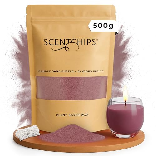 Scentchips Kerzensand – Farbiger Wachsgranulat zum Selbermachen von Kerzen, Dekosand für Glasgefäße & Teelichter, Duftfrei, Ideal für DIY, Party & Wohnkultur, Inkl. 30 Lose Dochte (Purple, 500g)