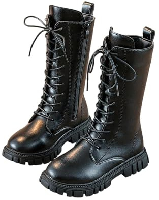 Générique Bottes Mi-Mollet pour Filles - Bottes École à Lacets avec Fermeture Éclair Confortables à Bout Rond