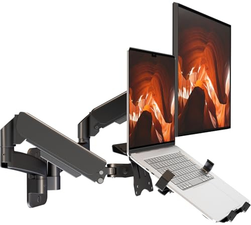 PUTORSEN Monitor and Laptop Wall-Mount - Full Motion 2-in-1 Monitor Arm Fits Max 32 Screen and 18 Laptop, Holds up to19.8lbs, Detachable Laptop Tray with Adjustable Slide Clamp, VESA 75x75/100x100