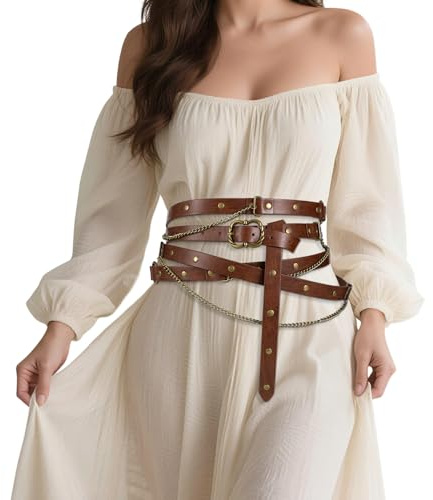 LEACOOLKEY Gürtel Damen Mittelalterlicher Wikinger Kettengürtel Gürtel mit Metallkette Gothic Piraten Verstellbarer Vintage Dünngürtel Retro