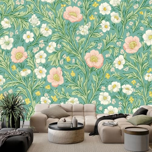 Vlies Fototapete Minimalistisch Blumen Blätter Kunst, Tapete Petrol Vliestapete Wandtapete Mustertapete Wandbild Dekoration für Schlafzimmer Wohnzimmer Kinderzimmer 150 x 105 cm (B x H)