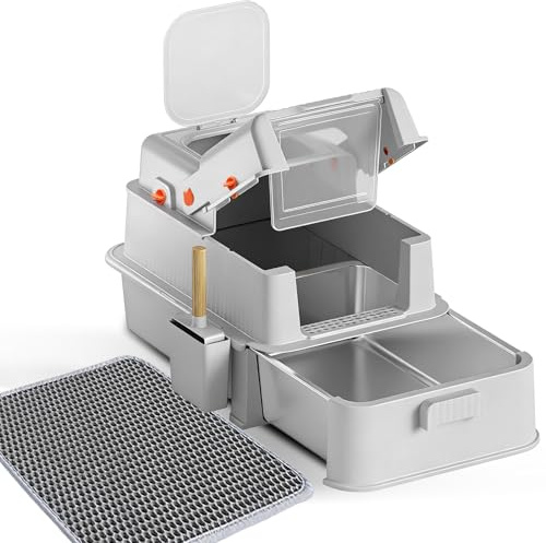 Homegroove Caja de arena cerrada para gatos de acero inoxidable con cajón, caja de metal grande para gatos con tapa para gatos de interior, bandeja de arena cubierta de metal con pala de arena y pedal