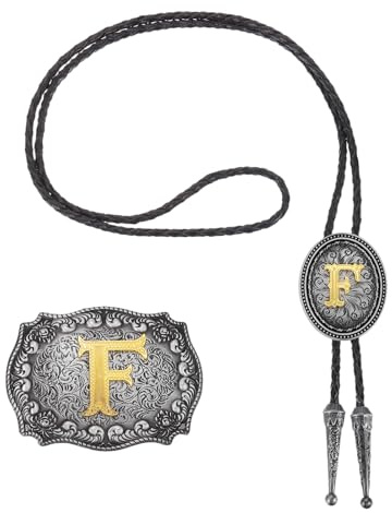 QUARKZMAN 2 Pz Set Cravatta Bolo E Fibbia Cintura Stile Western Lettera Iniziale F Dorata In Pelle Di Mucca Per Uomo Donna Costume Accessori Vintage Tradizionali Grigio Nero/Oro