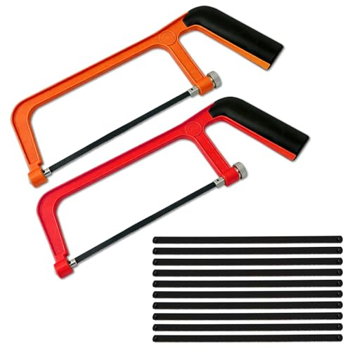 2 Pcs Junior Hacksaw, 6 in Thickened Mini Hacksaw for Metal Cutting | With 10 Replaceable Manganese Steel Blade, Heavy Duty Adjustable Angle Metal Hand Saw for Wood PVC Shingles (Orange Red)