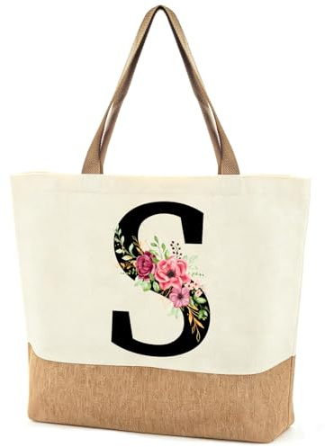 Personalisierte Initialen Jutebeutel für Frauen, Große Strandtasche mit Buchstabe S und Blumen, Jute Shopper Bag Damen Stofftasche, Geschenke für Frauen Mama Kollegin Freundin zum Geburtstag Hochzeit