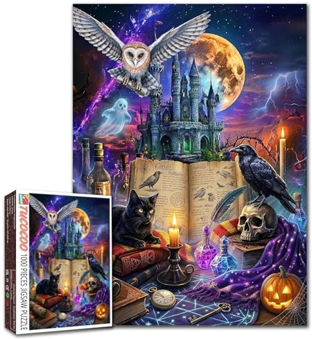 Zauberhaftes Raben-Zauberbuch Puzzle mit schwarzer Katze, Halloween-Eule, 1000 Teile Puzzles für Erwachsene und Anfänger im Gothic-Stil Anspruchsvolles Familienspiel Bastelprojekt Puzzle Geschenk
