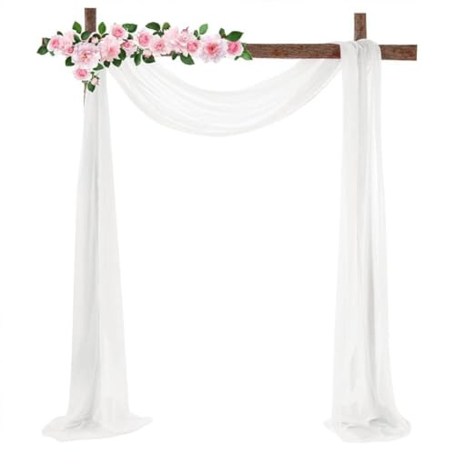 Garvee Elastischer Stretch Chiffon Vorhang 2 Stück 70x550cm Hochzeitsbogen Gardinen Querbehang für Hochzeit Traubogen Party Deko Hintergrund Stoff Fotohintergrund, Weiß