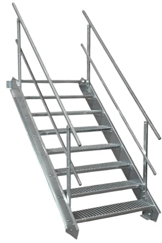 8 Stufen Stahltreppe mit beidseitigem Geländer/Breite 70cm Geschosshöhe 120-160cm / Robuste Außentreppe/Wangentreppe/Stabile Industrietreppe für den Außenbereich/Inklusive Zubehör