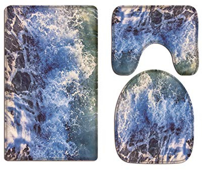 A.Monamour Badezimmer Badematte 3 Teilig Set Sturm Ozean Wellen Blau Wasser Textur Strand Kunst Druck Toilette Deckel Flanell Saugfähig Badteppiche Badvorleger Badgarnitur WC Vorleger
