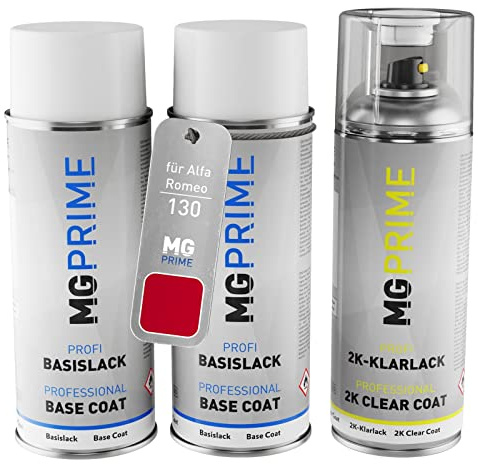 MG PRIME Autolack 2K Spraydosen Set für Alfa Romeo 130 / ROAL Rosso Alfa/Alfarot Grundlack Basislack 2 Komponenten Klarlack Sprühdose