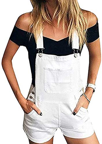 GUOCU Women's Solid Color Jean Shorts Hot Pants Ladies Denim Dungarees Casual Jumpsuit Overalls Playsuit 5 Colors White M