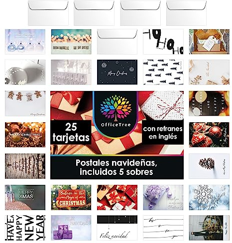 OfficeTree Weihnachtspostkarten 25 Stück A6 englisch und spanisch | Englische und spanische Sprüche zu Weihnachten und Neujahr, beidseitig matt lackiert, in Aufbewahrungsbox