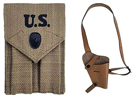 Warcraft Exports Army WWII U.S. M3 Colt M1911 Schulterholster, Hellbraun mit U.S. WWII Army M1911 Gun Bullet Double Magazine Pouch Canvas Khaki (COMBO)