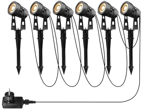 6 Faretto da giardino a LED bianco caldo COB Illuminazione da giardino a LED con picchetto da terra Lampada da giardino 2100LM 20m di cavo per esterno prato da giardino, 12V 20W IP65 impermeabile