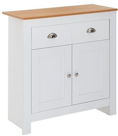 FineBuy Kommode 79x34,5x81 cm Weiß Eiche, 2 Schubladen und Türen | Schubladenkommode mit Stauraum, Anrichte hoch für Wohnzimmer, Flur und Schlafzimmer, Sideboard