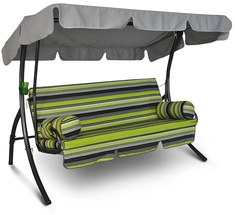 Angerer Hollywoodschaukel Trend – Schaukel zum Sitzen, Liegen & Entspannen, inkl. Bett-Funktion, einfache Montage, Made in Germany, waschbare Kissenbezüge, Grün-Schwarz gestreift
