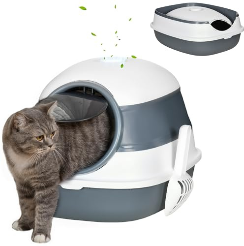 PawHut Lettiera per Gatti con Coperchio, Paletta e Deodorante Inclusi, Lettiera Chiusa con Design Pieghevole e Maniglia, in PP e ABS, 52x41x38 cm, Bianca e Grigia