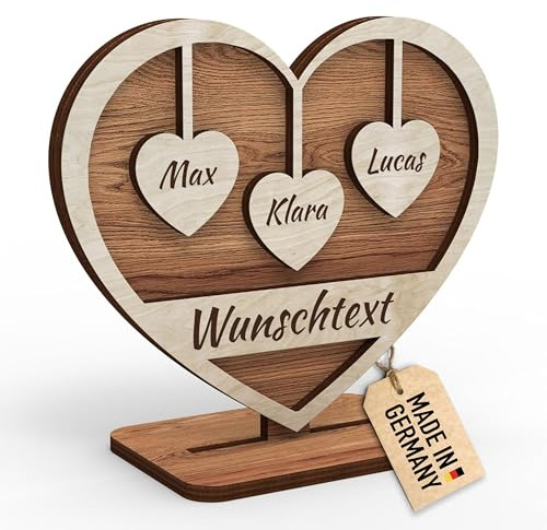 Urhome Holz Herz mit Gravur 3 Namen personalisiert Holzdeko Herzform Schild Geschenk für Großeltern Mama Oma Opa Eltern Mutter Hochzeit Muttertag Wunschtext Individuell mit Ständer